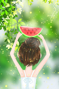 自然叶子插画图片_夏季女孩西瓜水果背影自然