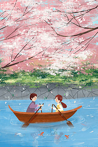 樱花情人节插画图片_情侣湖边泛舟欣赏樱花浪漫之旅