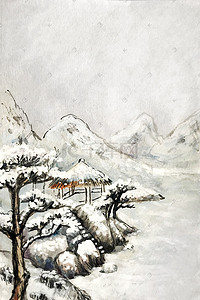 四季水墨风景冬季雪景山水画手绘素材