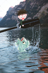 鱼创意鱼插画图片_创意摄影插画男孩食人鱼船桨水手绘插画