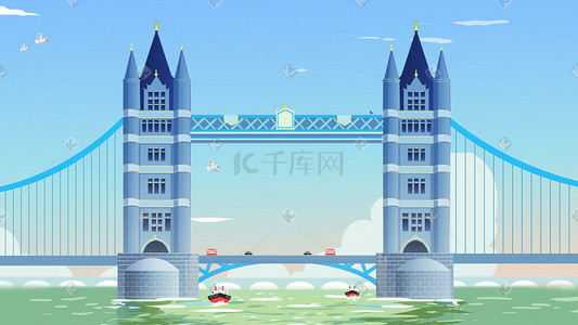 港珠澳大桥插画图片_名声景点伦敦大桥冷色扁平