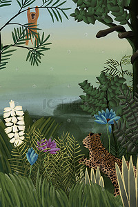 动物猴子插画图片_亨利卢梭热带雨林原始风格插画