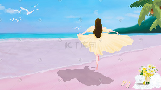 蓝色度假插画图片_大暑海边度假的少女插画
