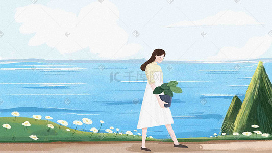 春天出游踏青户外湖边清新少女手绘插画