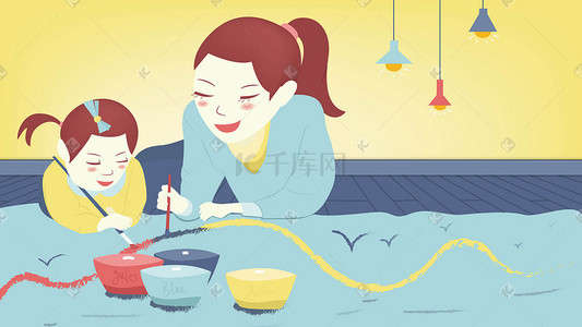 孩子的妈妈插画图片_母亲节妈妈陪孩子画画矢量插画