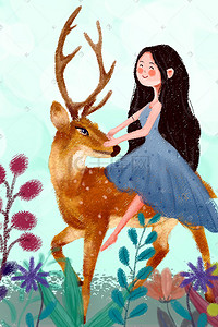 动物与女孩插画图片_人与动物之麋鹿插画