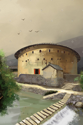 南靖土楼风景手绘插画