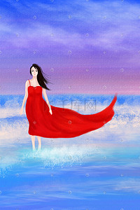 手绘海上的红裙子女郎插画