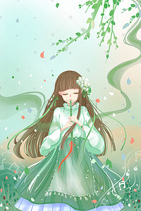 清明节唯美插画图片_唯美卡通治愈绿色春季清明节少女吹箫