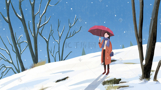 冬天雪地打伞的女孩