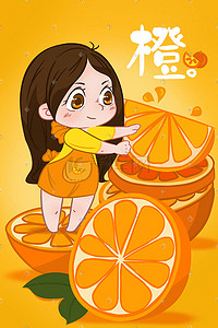 水果女孩橙子手绘插画