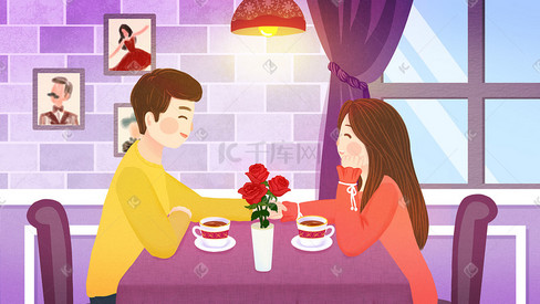 浪漫情人节情侣约会喝咖啡手绘插画