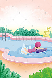 天寒降温注意保暖插画图片_夏天好热需要游泳降温