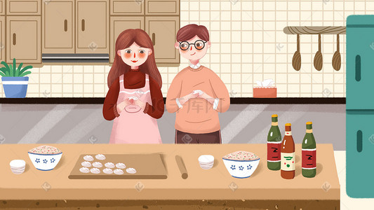 手绘小清新冬季包饺子的情侣插画