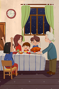 卡通手绘感恩节插画图片_卡通温馨感恩节一家人吃火鸡插画