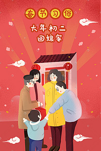 习俗插画图片_新年春节习俗初二回娘家插画海报