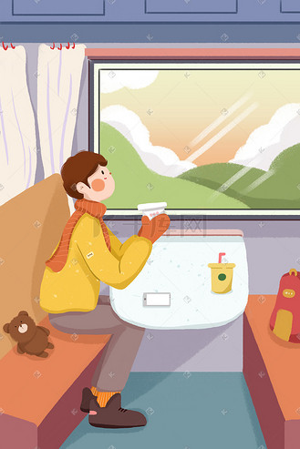 新年春节新年春运火车风景男孩小清新插画