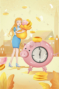 粉红猪插画图片_金融系列定投女孩报金袋