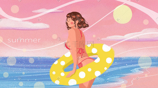 小清新海报蓝色插画图片_你好夏天清凉夏天海边沙滩比基尼女孩