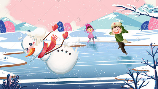 雪人卡通插画图片_卡通冬季和雪人打雪仗的孩子大雪插画
