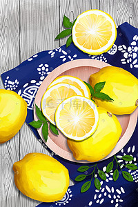 木板绿草插画图片_水果蔬菜柠檬与花布