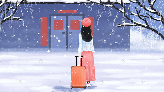 卡通波拉插画图片_新春佳节回家过年拉行李箱的女孩