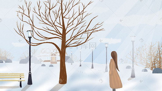 台风吹人插画图片_冬天 吹着风的女孩 冷色调