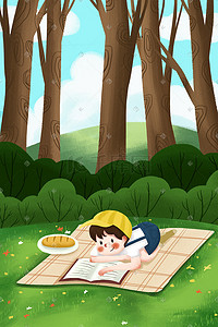 春季野餐插画图片_春天春季男孩春游野外野餐看书小清新