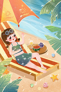 西瓜沙滩插画图片_小清新夏天女孩沙滩度假