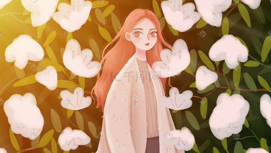春季植物海报插画图片_花海女孩阳光植物绿色樱花梦幻