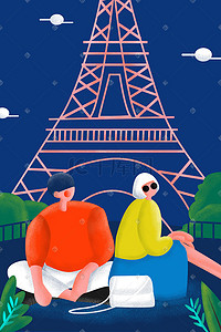 巴黎半岛插画图片_长假出游手绘插画
