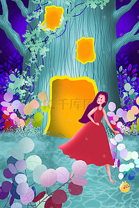 广告设计包装插画图片_探险少女的树屋之旅