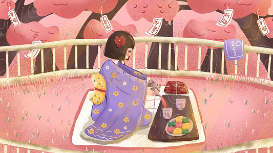 唯美樱花节插画图片_粉色系卡通唯美樱花节和服女孩沏茶野餐配图