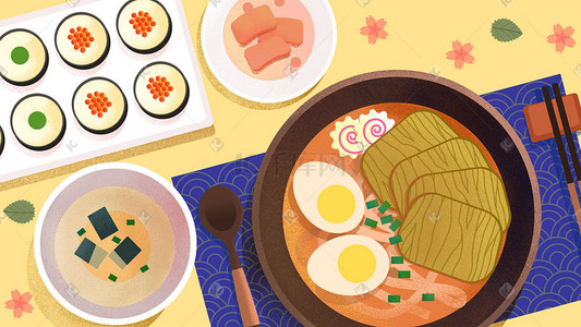 寿司食物插画图片_美食插画日式拉面banner背景