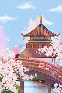 樱花节插画图片_樱花节女孩在桥上欣赏风景