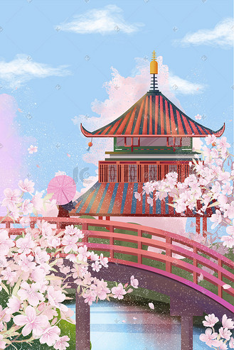 樱花节女孩在桥上欣赏风景