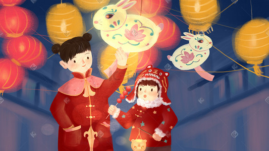 元宵节姐妹看灯会蓝色系卡通手绘风ai对话火箭男孩配图科技国际爱牙日