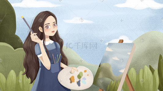 游玩介绍插画图片_女孩春天画画郊外写生风景游玩