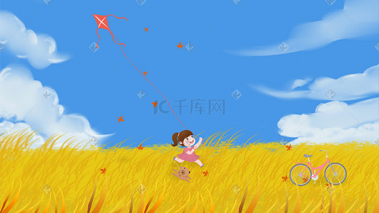 放风筝的插画图片_秋分节气放风筝的女孩插画