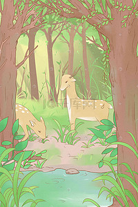 春天绿色森林麋鹿林深见鹿插画