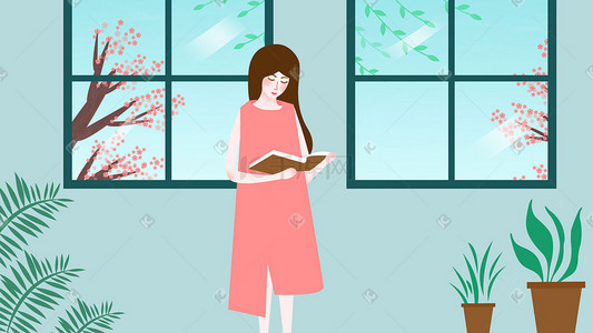 人工售票窗口插画图片_站在窗口前认真看书的女孩插画