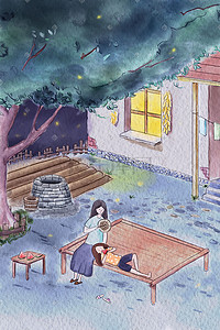 温馨夏日插画图片_夏日夜晚乘凉插画