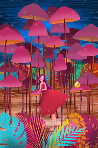红色手绘少女插画图片_探险少女的蘑菇丛林之旅