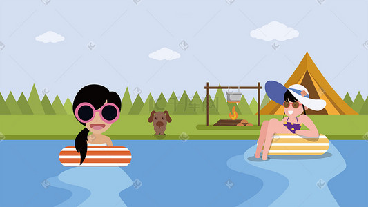 防晒品海报插画图片_扁平风格野外河边游泳处暑二十四节气插画