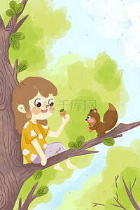 三只松鼠背面插画图片_你好二月女孩树上喂食松鼠绿色小清新插画