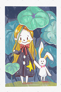 蓝绿汇报插画图片_蓝绿色系+雨天+小女孩和兔子