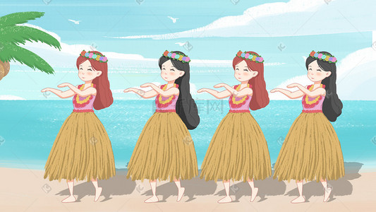 夏威夷海滩景点草裙舞手绘小清新