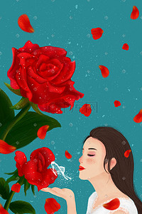 情人节玫瑰花瓣插画图片_手绘插画玫瑰女人浪漫爱情