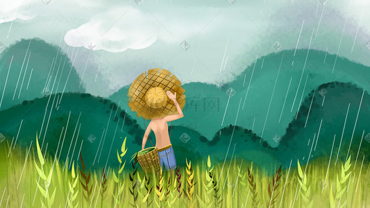 清明小图插画图片_绿色系水彩风谷雨清明农民稻田下雨配图