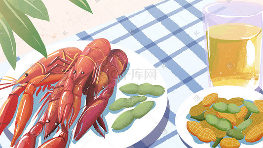 水产海鲜活虾龙虾插画图片_中华美食小龙虾毛豆花生banner背景